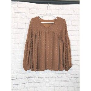 Womens Tan Swiss Dot Textured Long Sleeve V Neck Lantern Sleeve Top XL